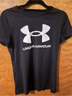 Under Armour Black HeatGear Logo Athletic T-Shirt XS Loose Fit